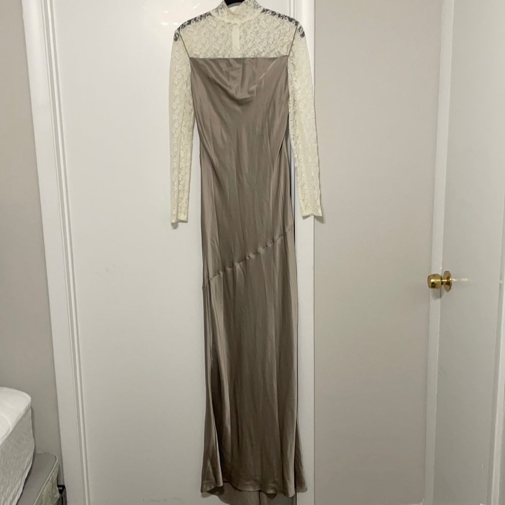Walk of Shame off white lace and copper gown